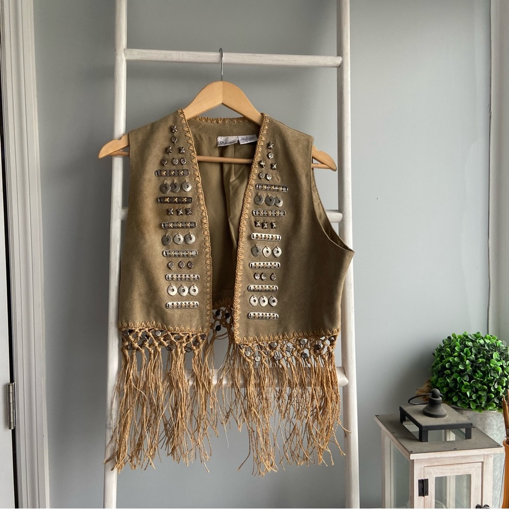 Fringed Tan Leather Vest with Silver Accents